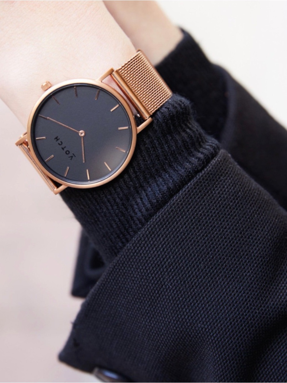 Votch Minimalist Rose Gold Mesh Watch with Black Dial